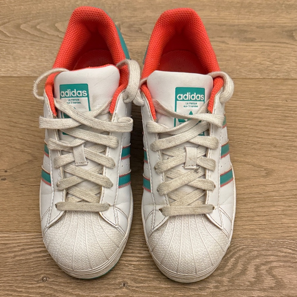 adidas Kids White Sneakers with Coral & Teal Stripes